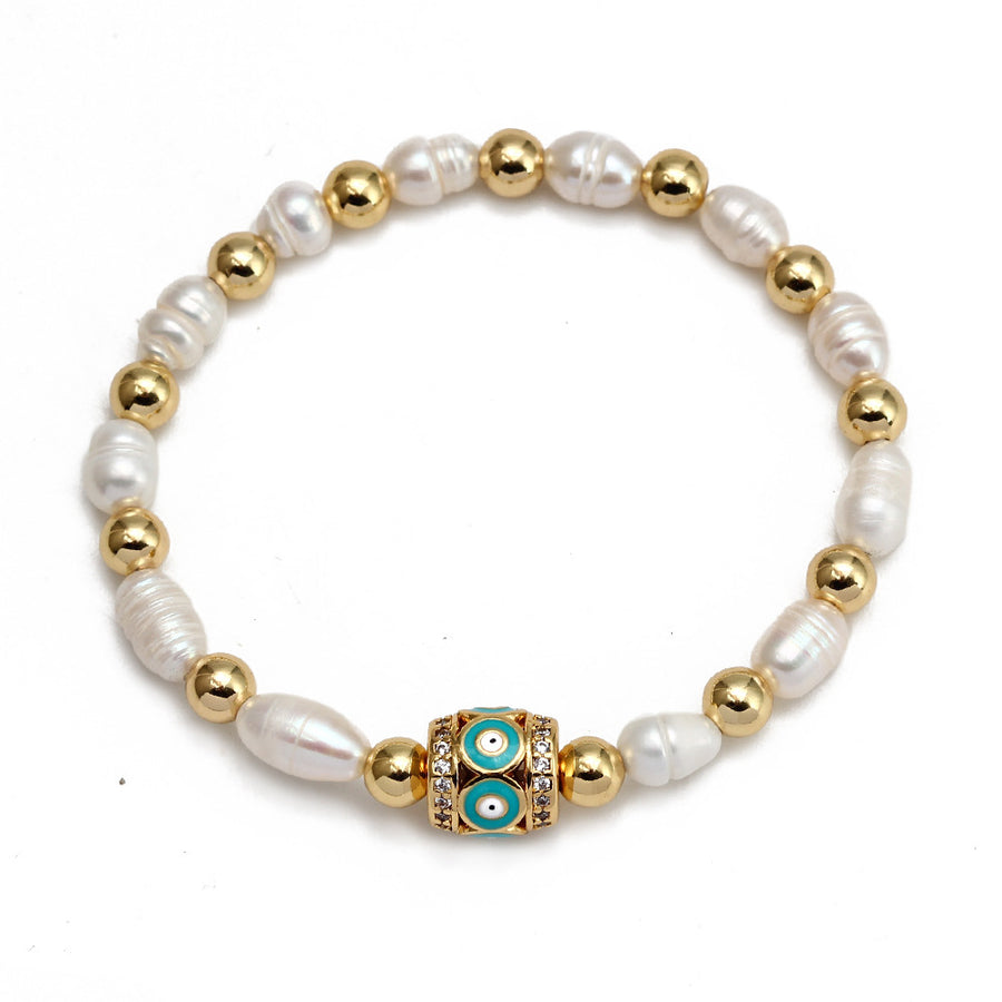 WT-MB123 Gorgeous Enamel Beads Women Bracelets Charming Natural Rice Pearl Beads Strand Bracelet with Turkey Eye Charms