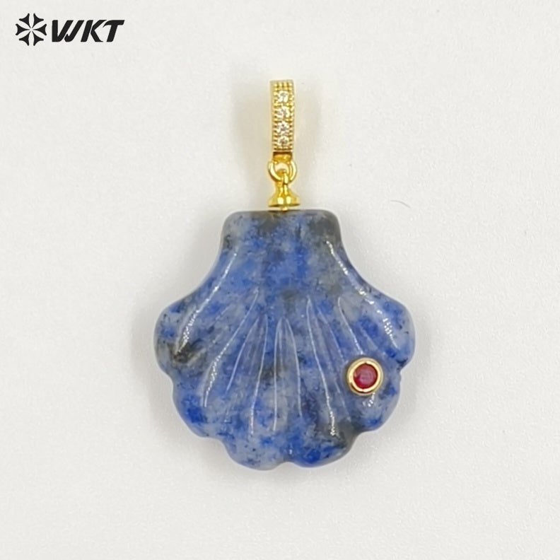 WT-P2097 Lovely Design Natural Gemstones And Colorful Zircon Hand Carved Shell Shape Little Pendants For Female Jewelry DIY