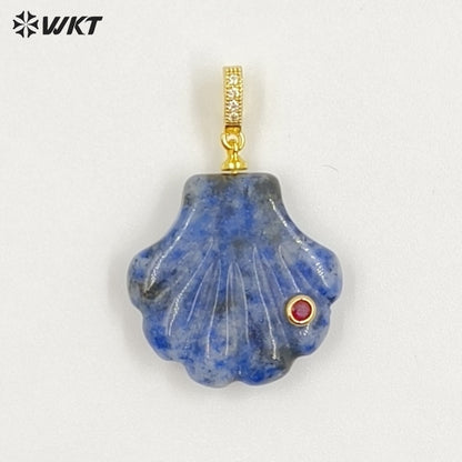 WT-P2097 Lovely Design Natural Gemstones And Colorful Zircon Hand Carved Shell Shape Little Pendants For Female Jewelry DIY