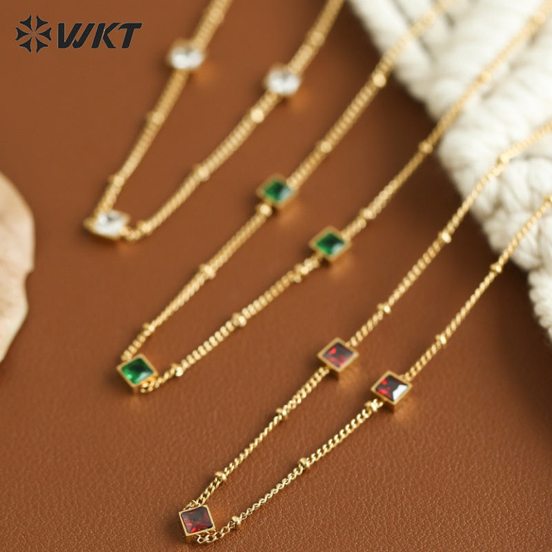 WT-REN035 French Elegant Necklace Square Combination Link Fine Versatile Color Zirconium Pendant Stainless Steel Necklace