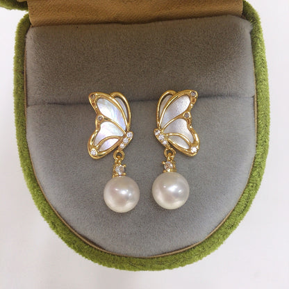 WT-MPE175 Exquisite Gold Plated Zircon And Round Mother Of Pearl Butterfly Earrings As Lady Daily Wearing Elegant Accessory