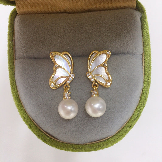 WT-MPE175 Exquisite Gold Plated Zircon And Round Mother Of Pearl Butterfly Earrings As Lady Daily Wearing Elegant Accessory