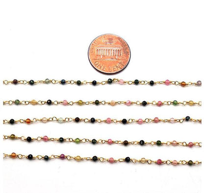 WT-RBC190 Wholesale Fashion Gold Electroplated Colorful Natural Tourmaline Beads Chain Handmade Stone Made Rosary Beads Chain