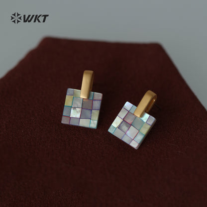WT-MPE185 Exquisite Simple White And Colorful Splicing Square Mabe Shell Gold Earrings For Female Friends Jewelry Gift