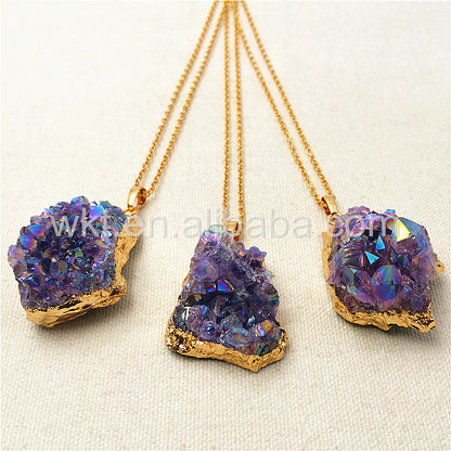 WT-N832 Amazing Natural Amethyst Cluster With Flame Angel Color Charm Necklace,Lovely Amethyst With Gold Plated Charm Necklace