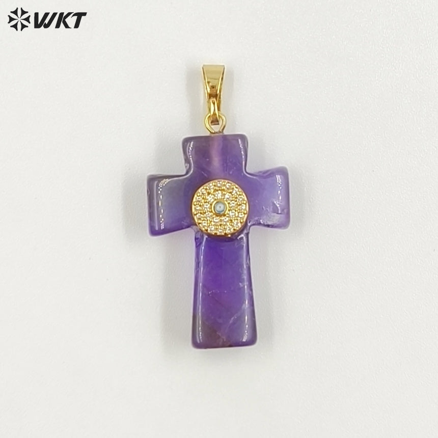WT-P2046 Hot Sales Vintage Style Rose Quartz Multi Natural Gemstones With Zircon Cross Pendants For Women Fashion Jewelry Making