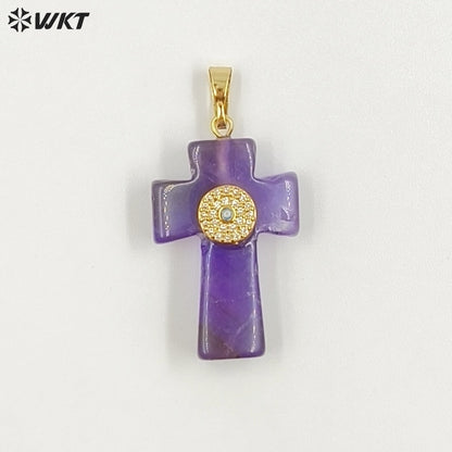 WT-P2046 Hot Sales Vintage Style Rose Quartz Multi Natural Gemstones With Zircon Cross Pendants For Women Fashion Jewelry Making