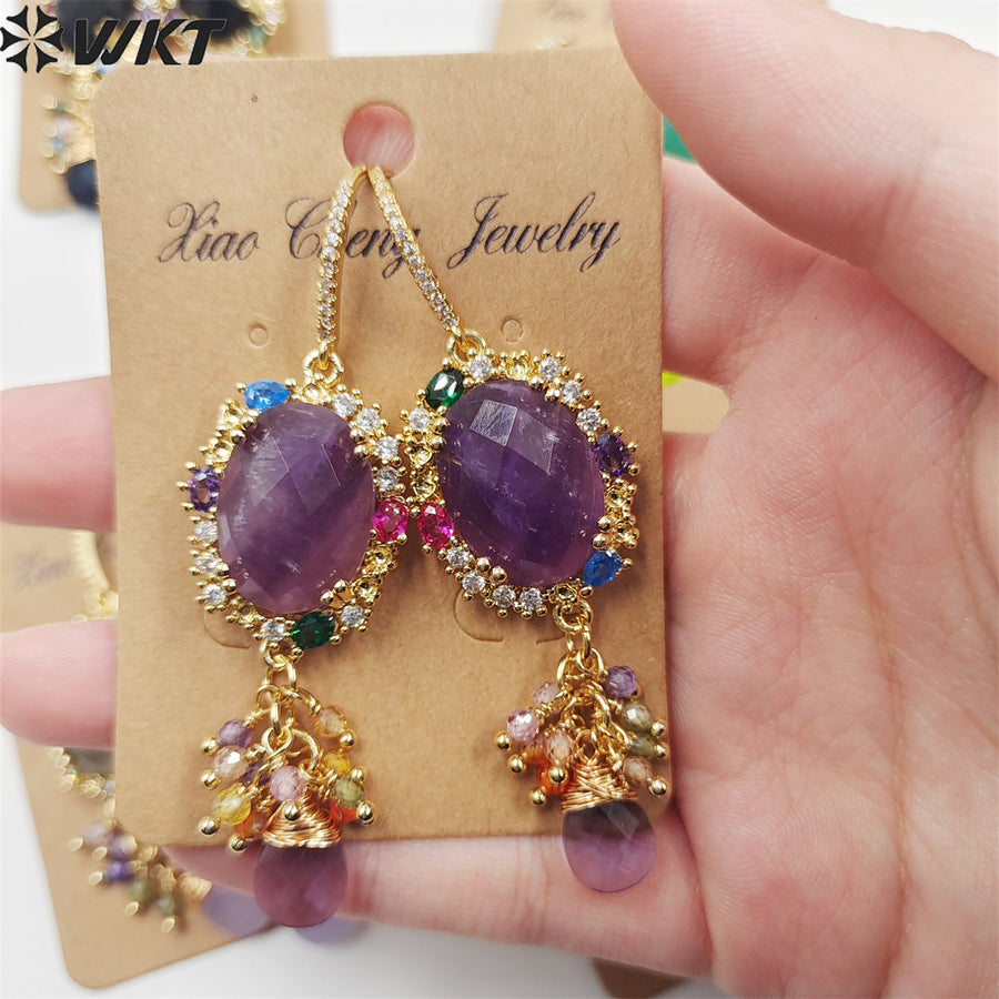 WT-E705 Charming Lady Colorful Handmade Dangling Hoops with Natural Gemstone Cubic Zircon Decorative Stone Earrings
