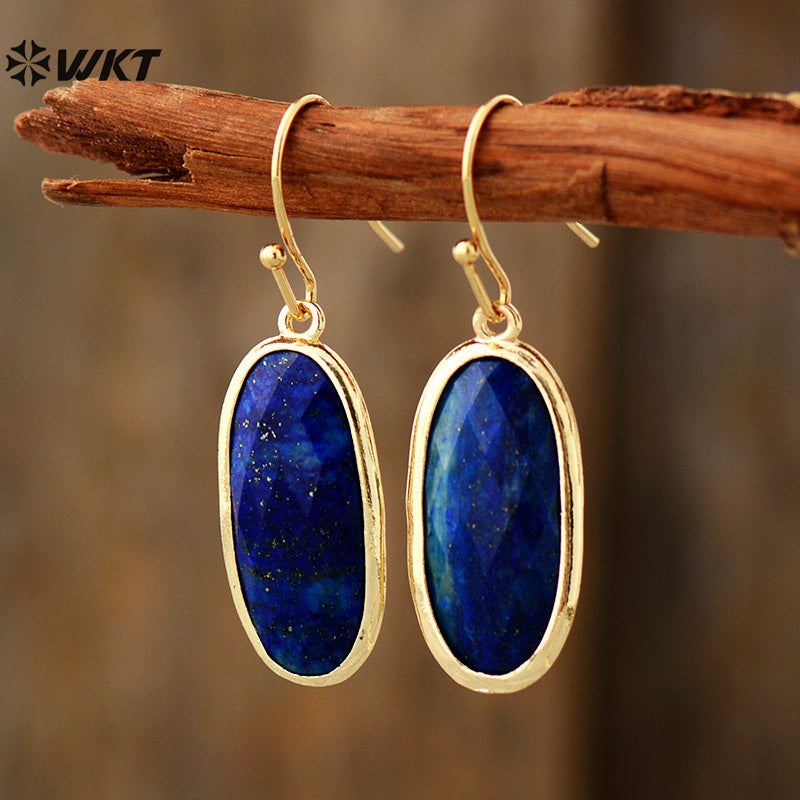 WT-E785 Wholesale Luxury Women Jewelry With Natural Amethyst Stone Long Oval Hoop Earrings Gold Plated For Daily Wearing Style