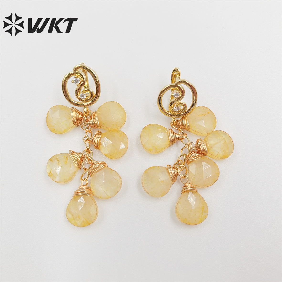 WKT-E672 Amazing Handmade Fashion Wire Wrapped Water Drop Natural Chalcedony Stone Dangle Earrings Charming Women Jade Earrings