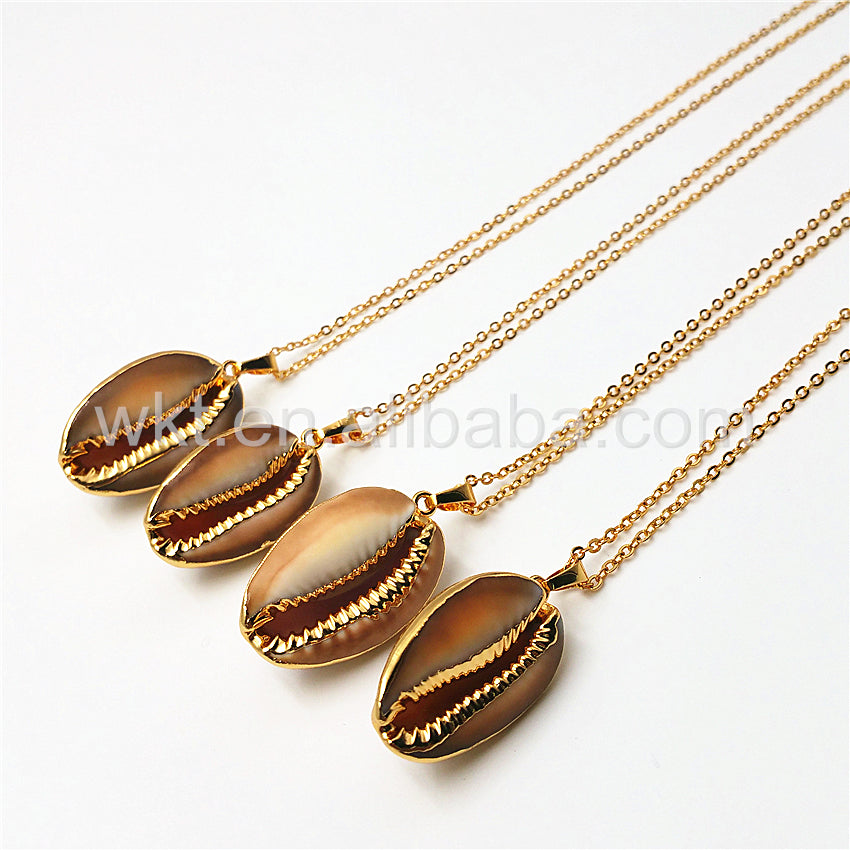 WT-JN018 New Design Brown Cowrie Necklace & Pendant Jewelry,Natural Brown Cowrie Necklace with 18" Gold Chain Necklace Wholesale