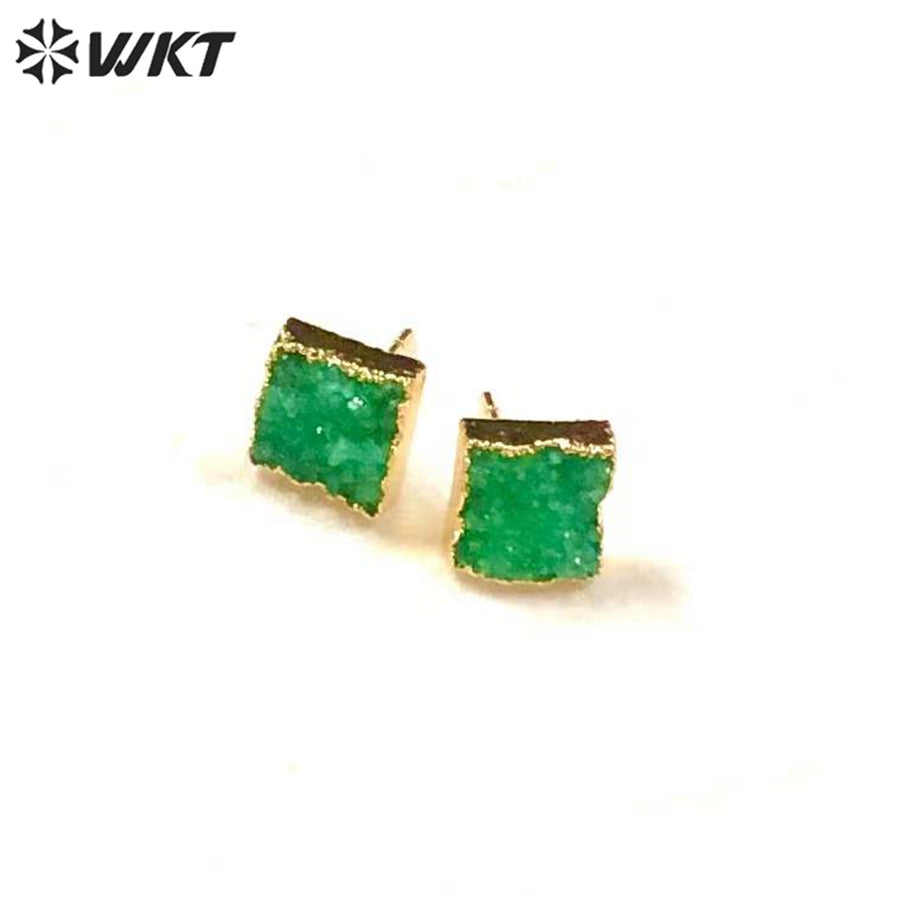 WT-E274 Wholesale Fashion Gold Plated Colorful Druzy Quartz Studs Earrings Natural Women 10mm square Stone Studs