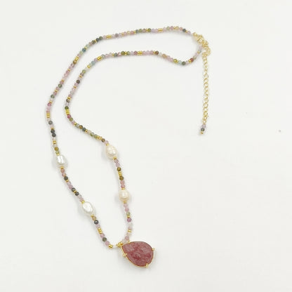 WT-N1436 16+2inch Colorful Chain Natural Gemstone Extend Chain Long Stone Beads Pearl Pendant Necklace