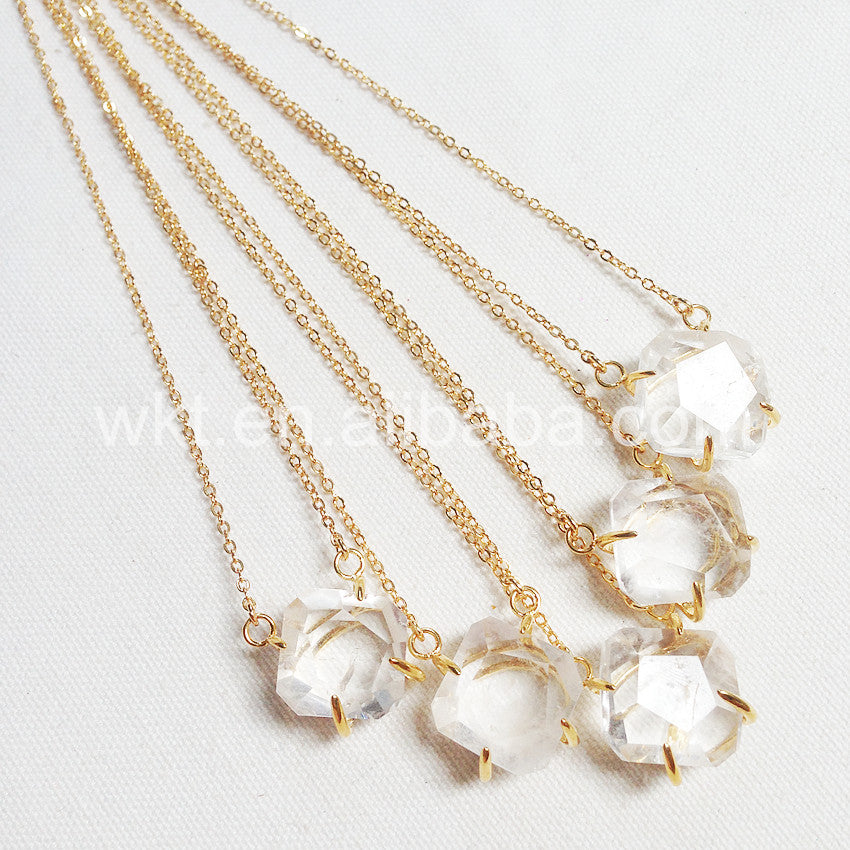 WT-N693 Exclusive Fashion 24karat Gold Plated Prong Setting Natural square Crystal Quartz Necklace