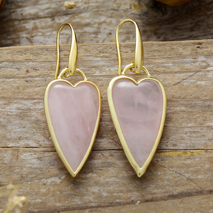WT-E784 Lovely Design Gold Plated Earrings With Natural Rose Quartz Stone Heart Shape Fashion Ladies Jewelry Wholesale