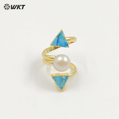 WT-R437 WKT Exclusive 18k Real Gold Plated Resist Tarnishale Copper Turquoise Stone Ring Women Adjustable Triple Natural Ring