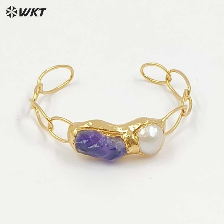 WT-B699 Wonderful Natural Gemstones Amethyst And Pearl Gold Plated Adjustable Size Bangles For Women Birthday Gift Free Shipping