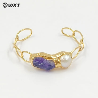 WT-B699 Wonderful Natural Gemstones Amethyst And Pearl Gold Plated Adjustable Size Bangles For Women Birthday Gift Free Shipping