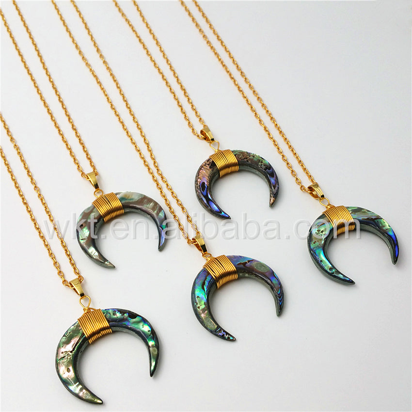 WT-N810 Wholesale Handmade Wire Wrapped Charm Abalone Shell Necklace Natural Crescent Abalone Shell Pendant Necklace