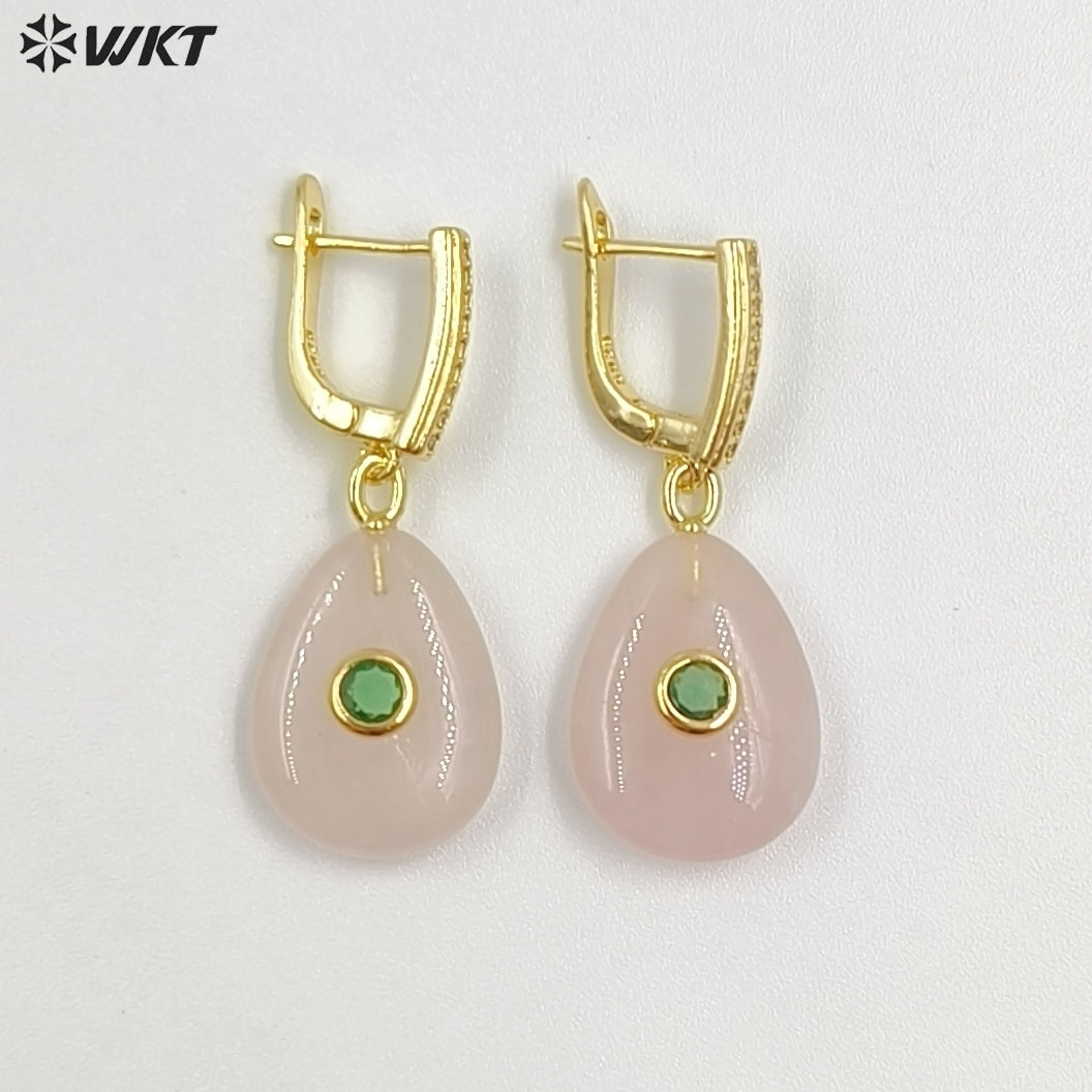 WT-E798 Beautiful Classic Gold Plated Natural Gemstones Setting In Zircon Waterdrop Shape Earrings As Lady Daily Decoration