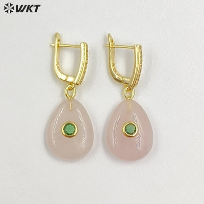 WT-E798 Beautiful Classic Gold Plated Natural Gemstones Setting In Zircon Waterdrop Shape Earrings As Lady Daily Decoration