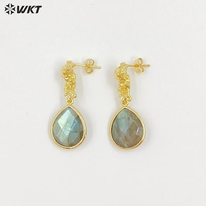 WT-E790 Mysterious Vintage Natural Labradorite Gold Plated Waterdrop Shape Pendant Women Earrings Suitable For All Occasions