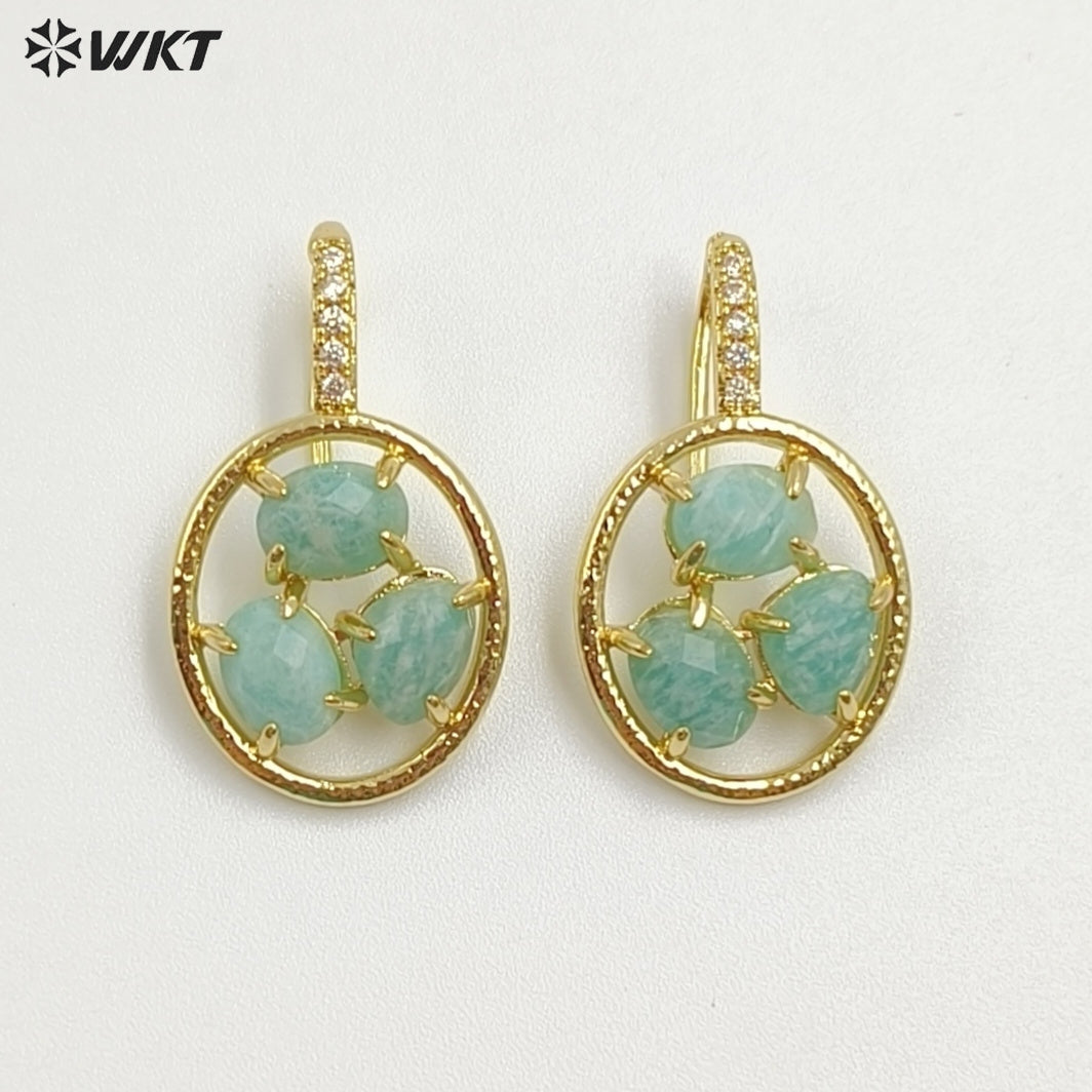 WT-E795 Delicate 18K Gold Plated Three Natural Gemstones With Zircon Hollow Round Earrings For Friend Birthday Gift Jewelry