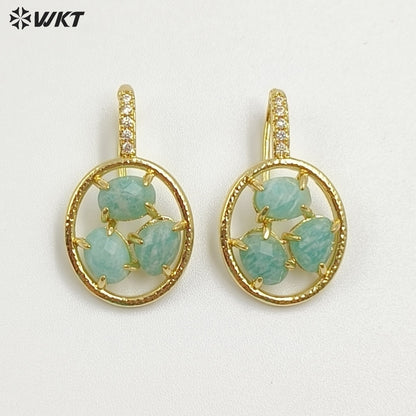 WT-E795 Delicate 18K Gold Plated Three Natural Gemstones With Zircon Hollow Round Earrings For Friend Birthday Gift Jewelry