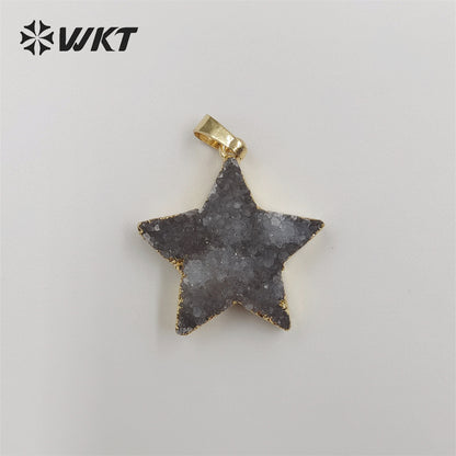 WT-P1828 Wholesale Fashion Gold Trim Natural Druzy Quartrz Stone Star Pendant with Aura Brightly Crystal Quartz Aura Star Stone