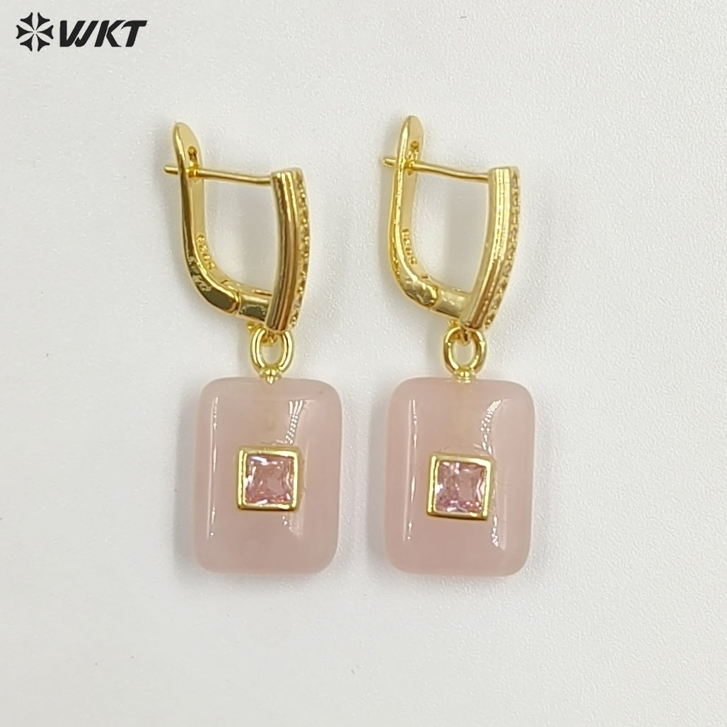 WT-E796 Top Quality Gold Plated Natural Multi Colors Gemstones With Zircon Rectangle Pendant Earrings For Lady Daily Wearing