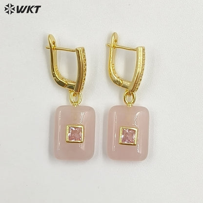 WT-E796 Top Quality Gold Plated Natural Multi Colors Gemstones With Zircon Rectangle Pendant Earrings For Lady Daily Wearing