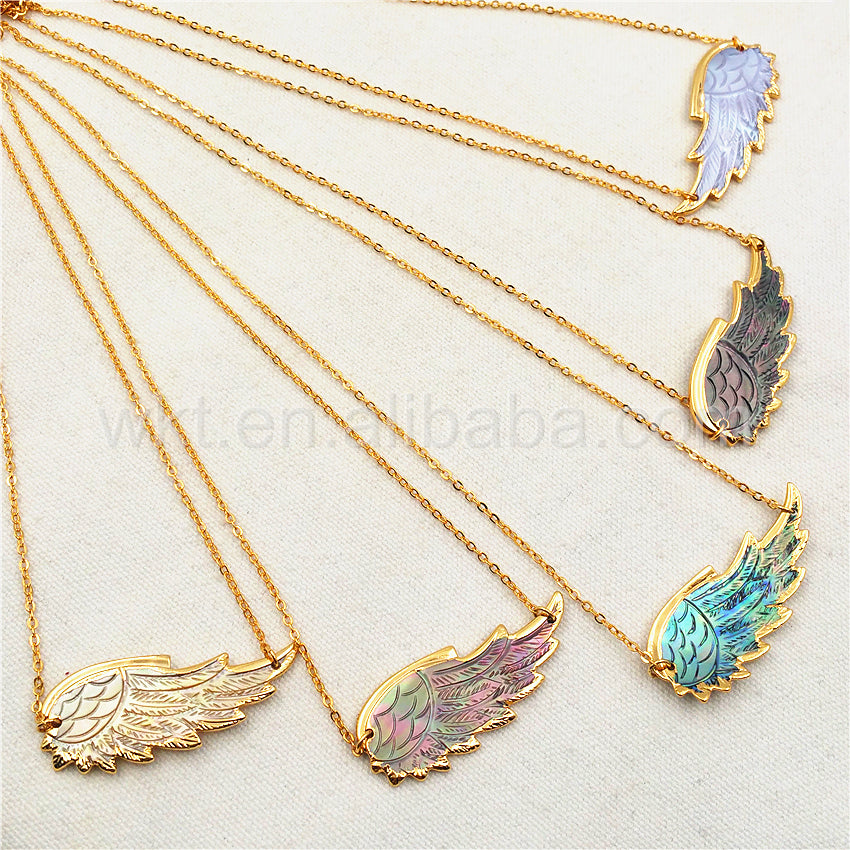 WT-N785 New Wholesale Genuine Shell Carved Feather Necklace, Fashion Gold Plated Double Loops Shell Feather Necklace