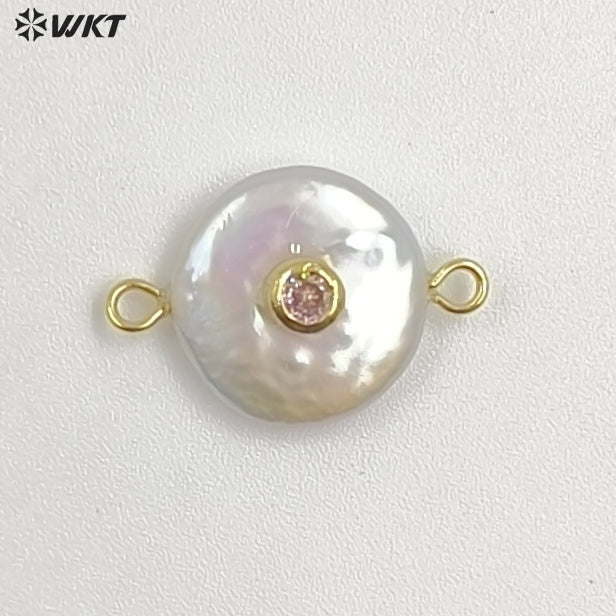 WT-JP252 WKT NEW Natural Freshwater Pearl Cross Pendant Fashion Gold Simple Cz Charm Double Loops Connector As Jewelry Findings