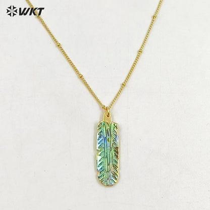 WT-N1081 WKT Wholesale Hot Natural Shell Carved Feather Charming 18k Real Gold Plated Cable Beaded Link Chain Shell Necklace