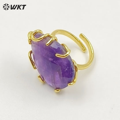 WT-R608 Wholesale Simple Style Gold Electroplated Natural Gemstones Waterdrop Shape Rings For Dance Party Matching Jewelry