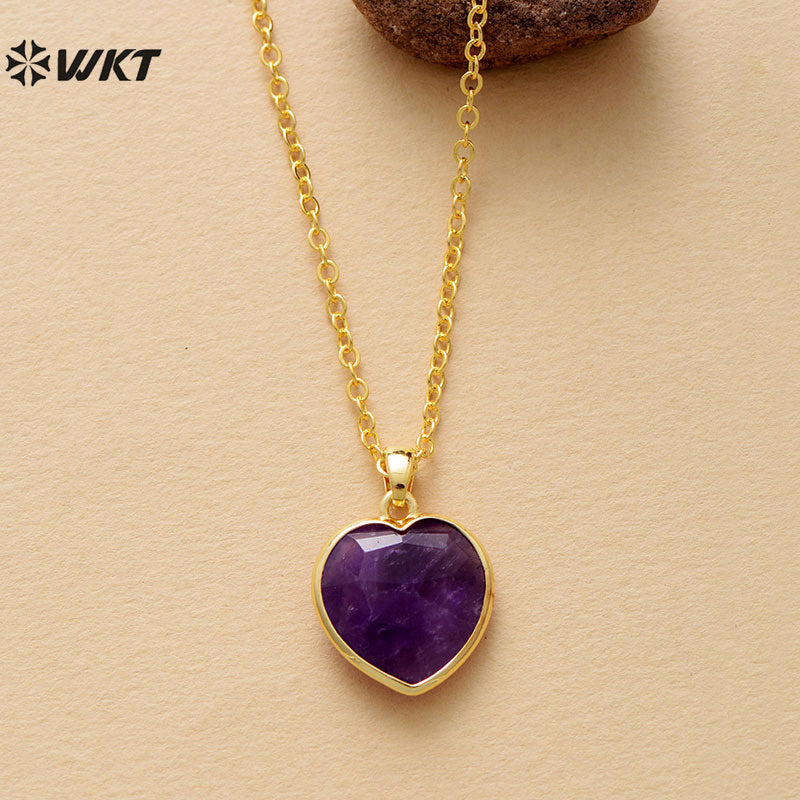 WT-N1486 Exquisite Gemstones Women Jewelry Heart Shape Amethyst Stone Necklace Gold Plated 18 Inches Chain Resist Tarnishable