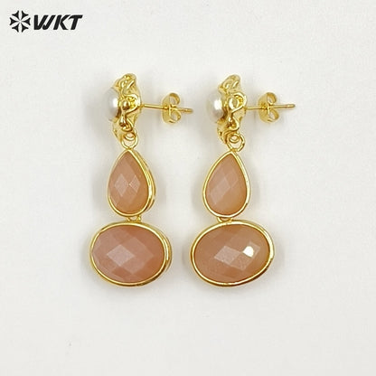 WT-E824 Exclusive Natural Pearl And Double Gemstones Gold Plated Women Earrings For Friends Vintage Beautiful Jewelry Gifts