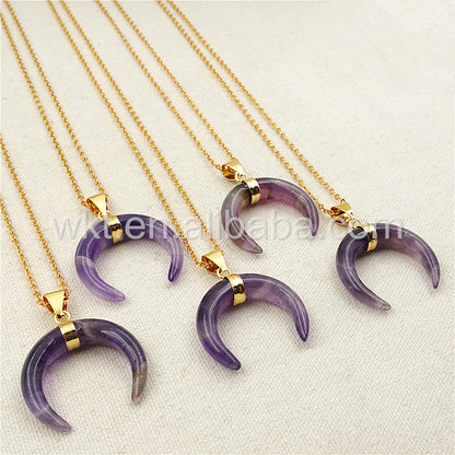WT-N851 All-match Amethyst Horn Necklace ,Women Stone Horn Necklace & Pendant Purple Amethyst with Gold Chain Horn Necklace