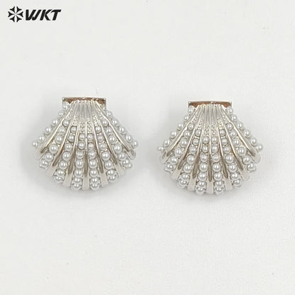 WT-ME124 New Arrival Delicate Gold And Silver Electroplated Brass With Artificial Pearl Shell Shape Earrings For Lovely Gift
