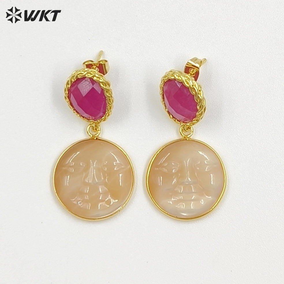 WT-MPE192 Unique Style Gold Plated Natural Jade And Shell Carved Face Shape Pendant Earrings For Female Special Party Gift