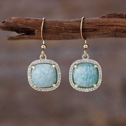 WT-E781 Porcelain High Quality Gemstones Women Earrings Natural Amethyst Amazonite Stone Square Shape For Birthday Gift