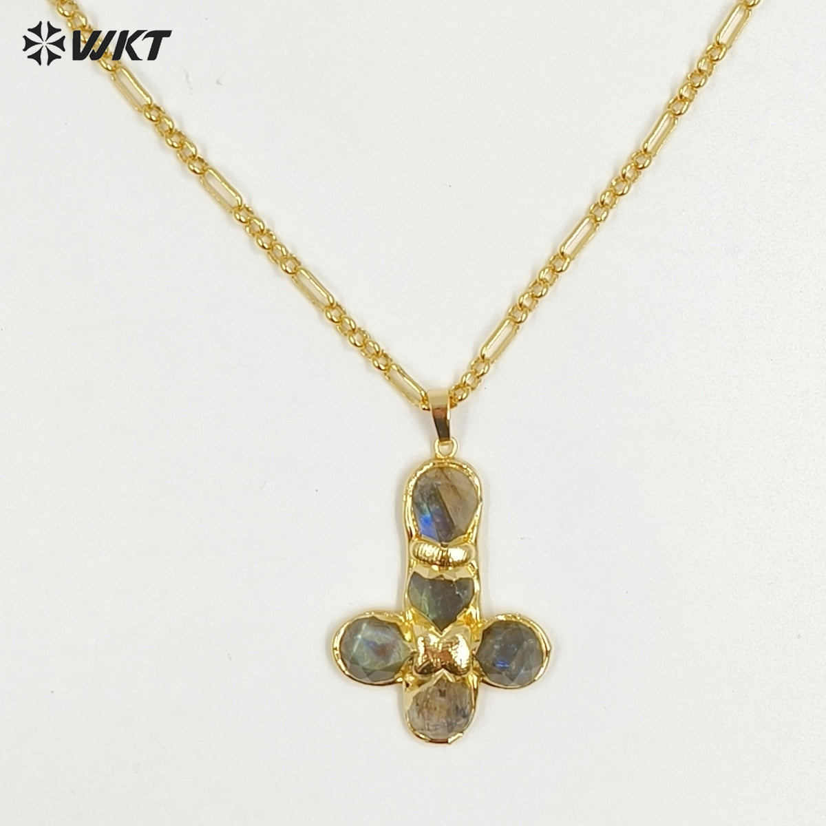 WT-N1495 Newest Wonderful Amazonite Natural Gemstone Back Full Gold Plated Cross Shape Pendant Necklace Fashion Jewelry