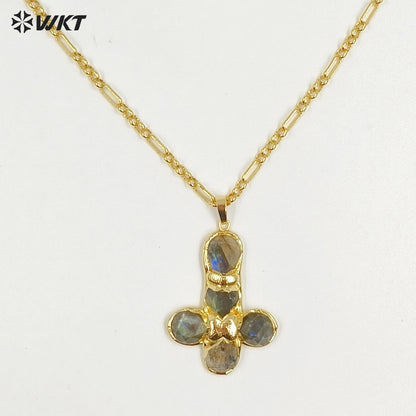 WT-N1495 Newest Wonderful Amazonite Natural Gemstone Back Full Gold Plated Cross Shape Pendant Necklace Fashion Jewelry
