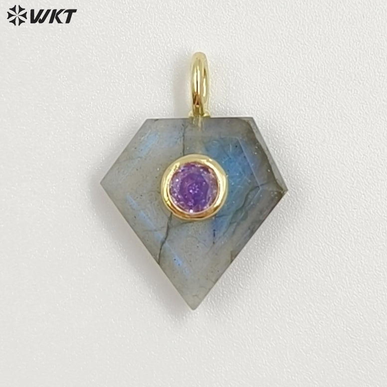 WT-P2052 New Arrival Zircon Gold Plated Rose Quartz Natural Gemstones Diamond Shape Charms Pendants For Handmade Gift Accessory