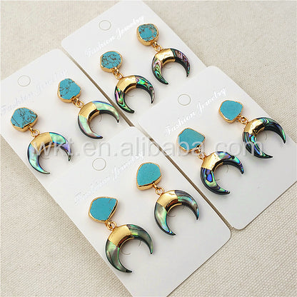 WT-E301 Newest Design Natural Abalone Shell Crescent Horn Earring, 24k Gold Plated Turquoise Charm Crescent Horn Earrings