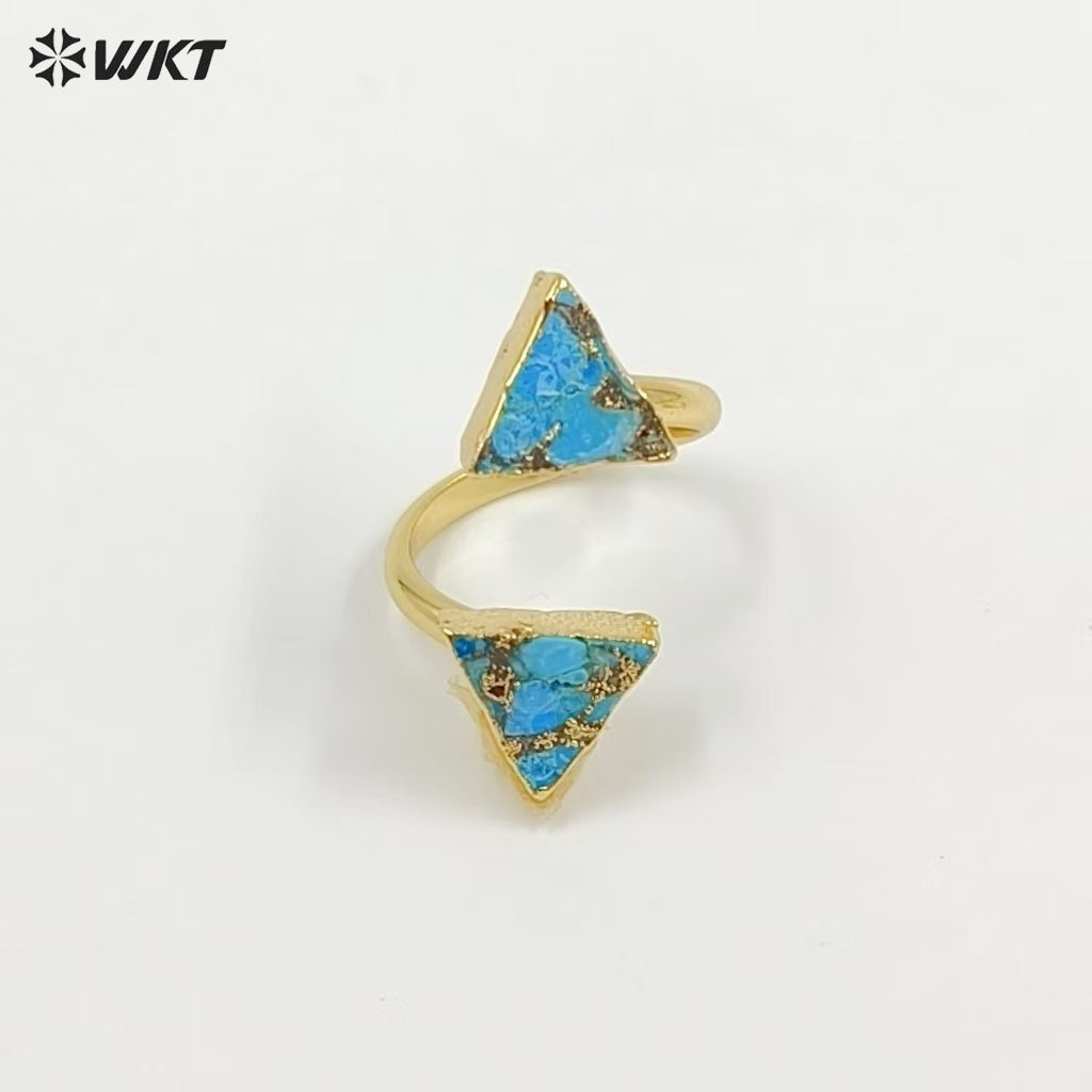 WT-R394 WKT 2022 Luxury Women's Jewelry 18k Real Gold Plated Copper Turquoise Stone for Lady Ring Gems Double Stone Ring