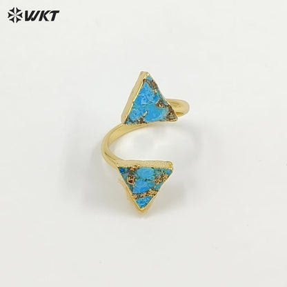 WT-R394 WKT 2022 Luxury Women's Jewelry 18k Real Gold Plated Copper Turquoise Stone for Lady Ring Gems Double Stone Ring
