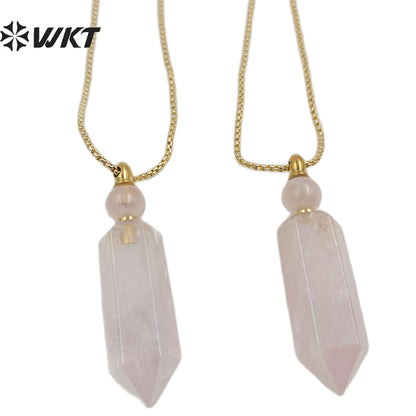 WT-N1369 Crystal Quartz Pink Crystal Hexagonal Prismatic Charming Pendant Necklace for Women Gifts Perfume Bottle Necklace