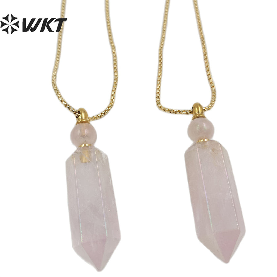 WT-N1369 Crystal Quartz Pink Crystal Hexagonal Prismatic Charming Pendant Necklace for Women Gifts Perfume Bottle Necklace