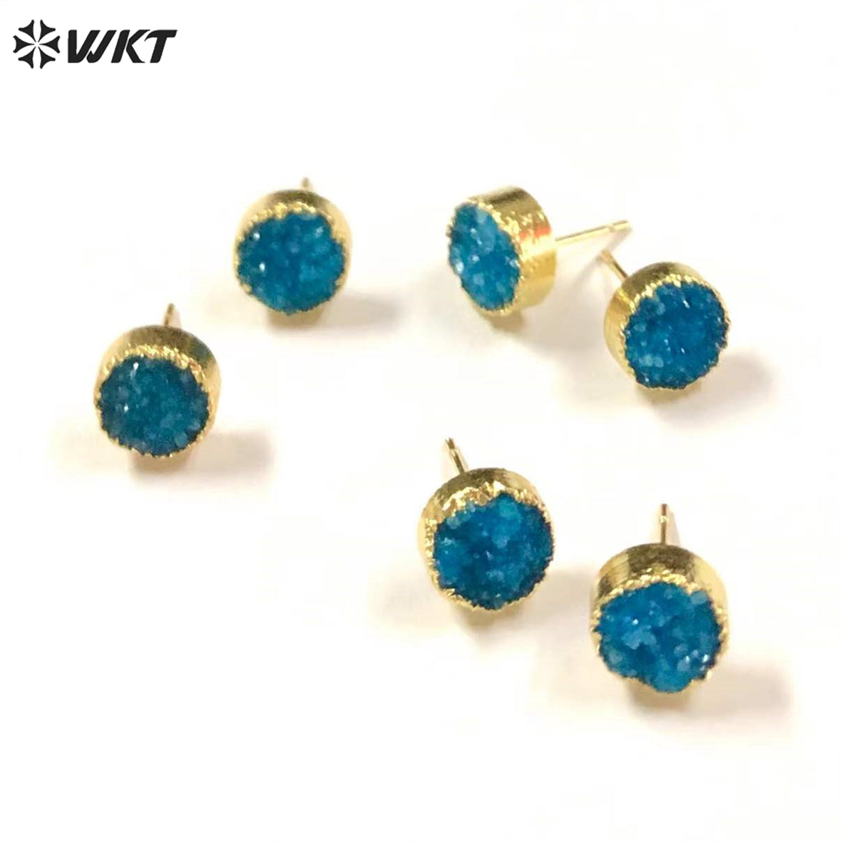 WT-E155 Wholesale Fashion 18k Real Gold Plated Natural Stone Studs Earrings Fashion Women Gold Trim Round Druzy Quartz Studs